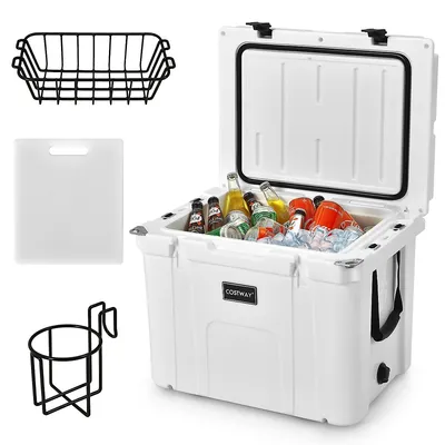 55 Quart Cooler Portable Ice Chest W/ Cutting Board Basket For Camping White