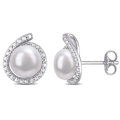 Freshwater Cultured Pearl And Diamond Accent Halo Stud Earrings In Sterling Silver