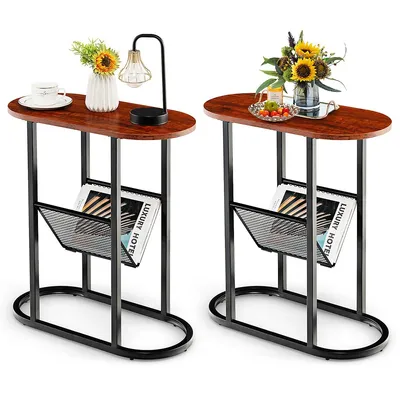 2 Pcs 2-tier Side Table Oval Narrow End Table Nightstand Bedside Table Brown