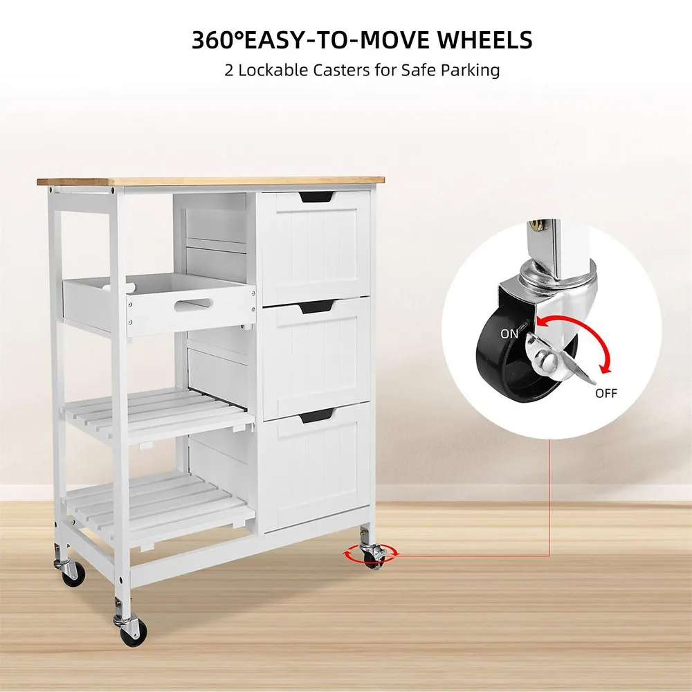 Kitchen Island Cart On Wheels, Mobile Storage Trolley Serving Cart With Wood Countertop, 3 Drawers And Removable Tray