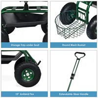 Garden Cart Rolling Work Seat W/tray Basket E Xtendable Handle Green