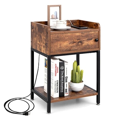 Nightstand W/ Charging Station Sofa Side Table Storage Cabinet Shelf End Table