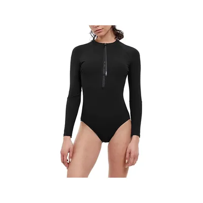 Solid One Piece High Neck Swimsuit With Long Sleeve