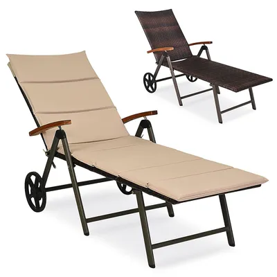 Folding Outdoor Pool Chaise Lounge Chair Aluminum Rattan Lounger Recliner Chair W/wheels