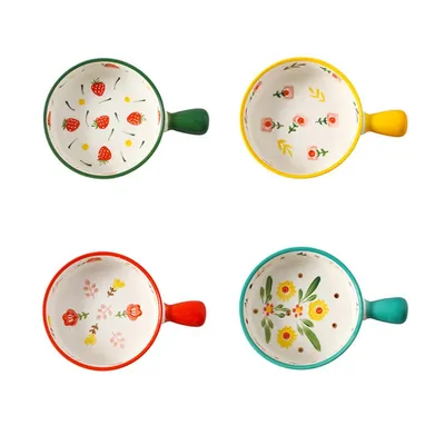 4 Pieces 8.5" Colorful Round Ceramic Baking Dish With Single Handle