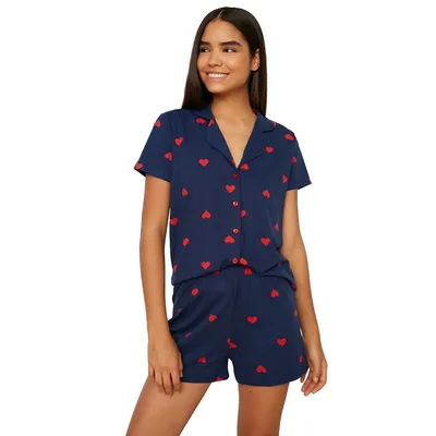 Women Heart Middle Knit Shirt-trousers Pajama Set