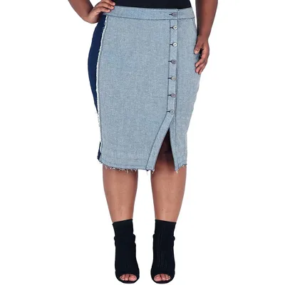 Plus Curvy Womens High Waist Frayed Midi Two-tone Jean Skirt