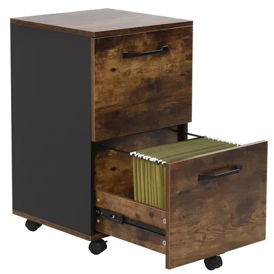 Retro Wood Mobile Office Cabinet Nightstand With 2 Drawers And Removable Hanging File Shelf, Rustic Brown