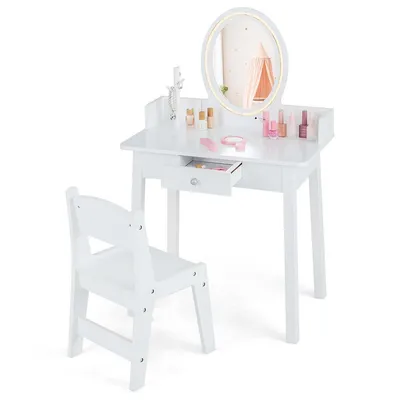 Kids Vanity Set With Lighted Mirror Chair 2-color Led Lighting For Girls Makeup