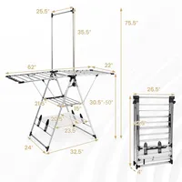 2-layer Aluminum Foldable Drying Rack W/ Hanging Bar & 2 Height-adjustable Wings