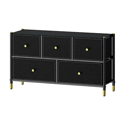 Fabric Dresser Chest With 5 Drawer,iron Frame Wide Storage Closet Organizer For Bedroom Living Room