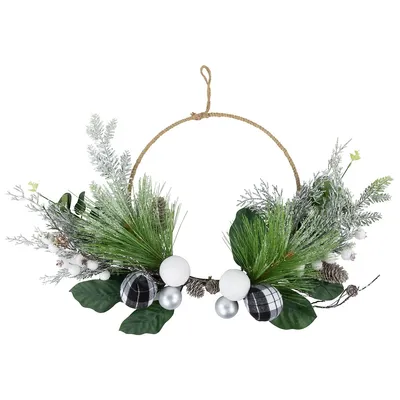 Black And White Plaid Winter Greenery Artificial Christmas Wreath, 18-inch, Unlit