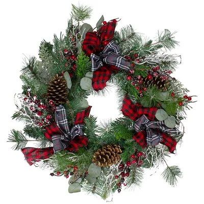 Dual Plaid And Berries Artificial Christmas Wreath - 24-inch, Unlit