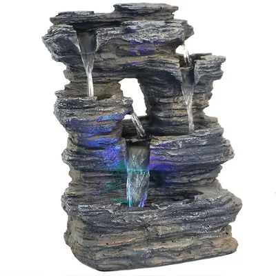 Five Stream Rock Cavern Tabletop Water Fountain With Multi Colored Led Light