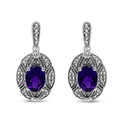 .925 Sterling Silver Diamond Accent And 8x6mm Purple Oval Amethyst Stud Earrings (i-j Color, I1-i2 Clarity)
