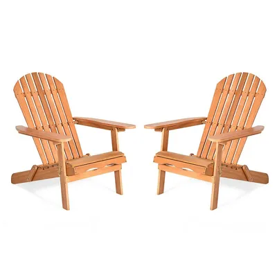 2 Pcs Eucalyptus Adirondack Chair Foldable Outdoor Wood Lounger Chair Natural