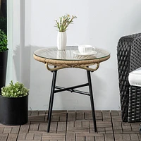 Rattan Side Table W/ Pe Rattan And Tempered Glass Top