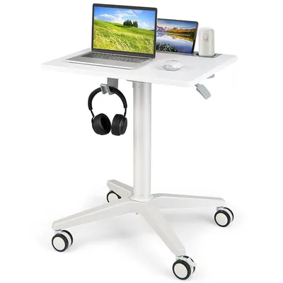 Mobile Laptop Cart Pneumatic Adjustable Standing Desk Rolling Podium Cup Holder