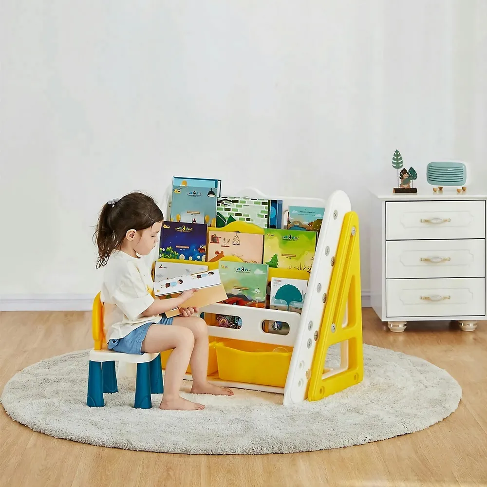 Children Kids Bookshelf Organizer With 2 Toy Storage Bins, Retractable Drawing Board, Sitting Chair