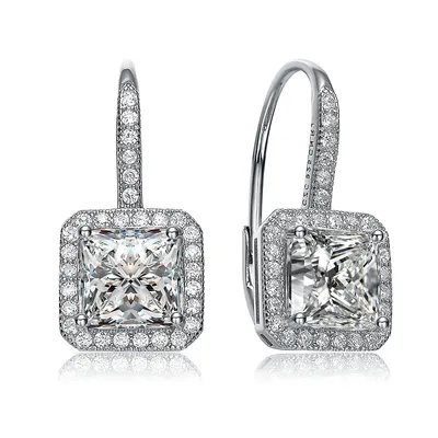 White Gold Plated Cubic Zirconia Halo Leverback Earrings