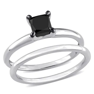 1 Ct Tw Princess-cut Black Diamond Solitaire Bridal Ring Set 10k White Gold
