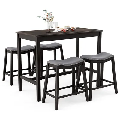 5pcs Bar Table Set Counter Height Table & Upholstered Saddle Stools Set For 4