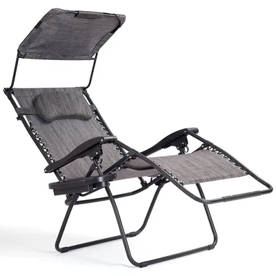 Folding Recliner Zero Gravity Lounge Chair W/ Shade Canopy Cup Holder Gray