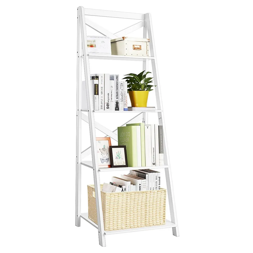 4-tier Ladder Shelf Bookshelf Bookcase Storage Display Plant Leaning Shelf White