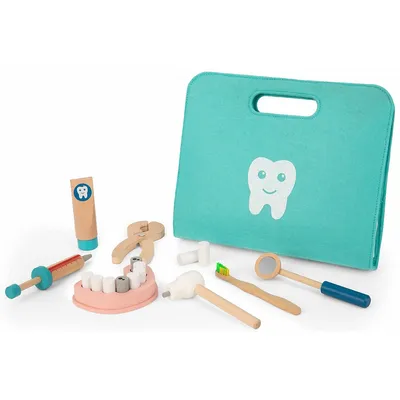 Wooden Dentist Play Set - 19pcs - Pretend Medical Tool Kit; Dentistry Doctor Toy For 3 Years +