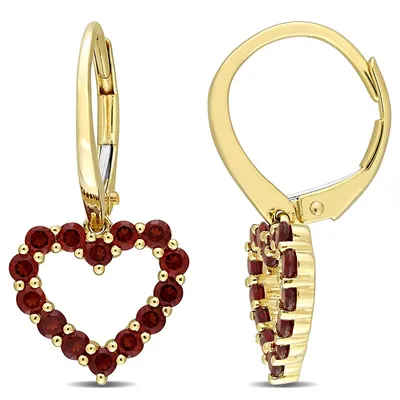 1 1/8 Ct Tgw Garnet Heart Leverback Earrings In 10k Yellow Gold