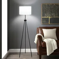 Modern Metal Tripod Floor Lamp White Fabric Shade W/ Chain Switch Home & Office