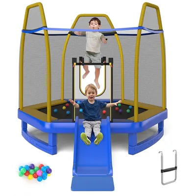 7ft Kids Recreational Trampoline W/ladder & Slide Ocean Ball Indoor Outdoor Astm