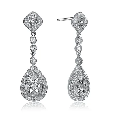 Sterling Silver White Gold Plating With Clear Cubic Zirconia Pear Dangle Earrings