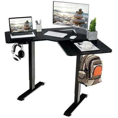 L Shaped Electric Adjustable Standing Desk W/ Controller 2 Hooks Blackrustic