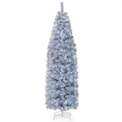 7 Ft Pre-lit Christmas Tree Hinged Slim Pencil W/ 350 Led Lights 670 Branch Tips