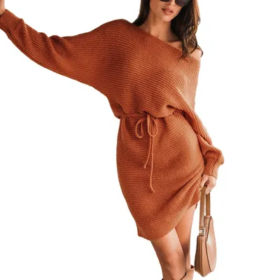 Women's Rib One-shoulder Drawstring Mini Sweater Dress