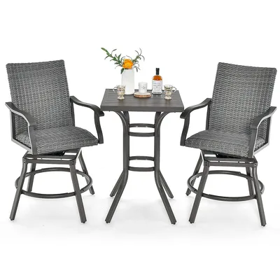 3pcs Patio Rattan Bar Table Stools Set Aluminum 360° Swivel Chairs With Padded Seat