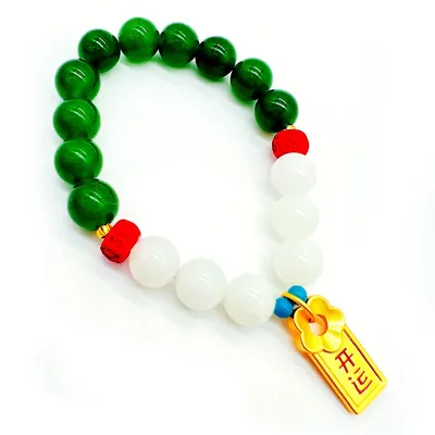Natural Jade Expandable Bracelet With Cinnabar Six Character Mantra And Copper Enamel Good Luck Charm