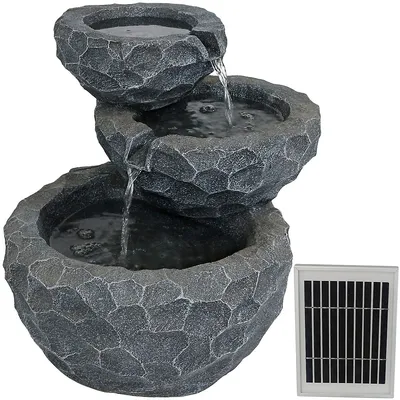 3-tier Chiseled Basin Solar Water Fountain With Battery Backup - 17-inch