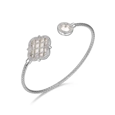 Bliss Sterling Silver Rhodium Plated Mother-of-pearl & Cubic Zirconia Clover Woven Cuff Bracelet