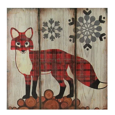 13.75" Alpine Chic Plaid Red Fox On Lumber With Snowflakes Wall Art Plaque