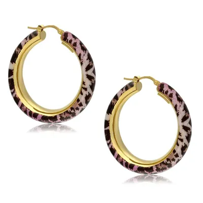 18kt Gold Plated Electroform Round Hoop With Leopard With A Hint Of Pink Hoop Earrings