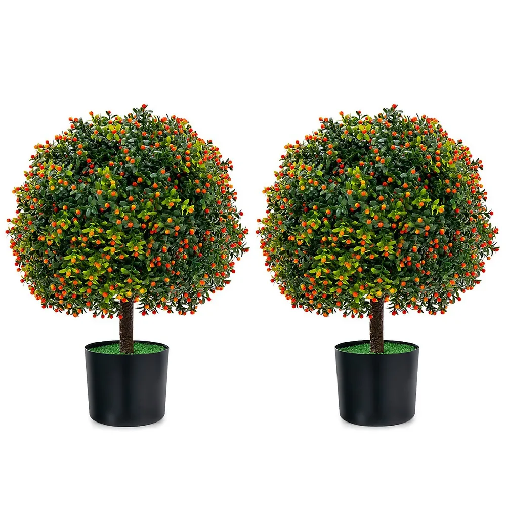 22" Artificial Boxwood Topiary Ball Tree 2-pack Faux Potted Plant W/orange Fruit