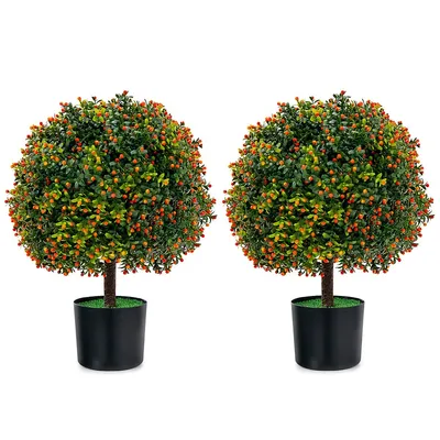 22" Artificial Boxwood Topiary Ball Tree 2-pack Faux Potted Plant W/orange Fruit