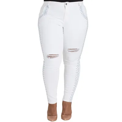 Plus Curvy Fit Tribal Embroidery White Skinny Ankle Jeans