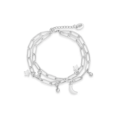 Cz, Moon, & Star Double Chain Bracelet-silver