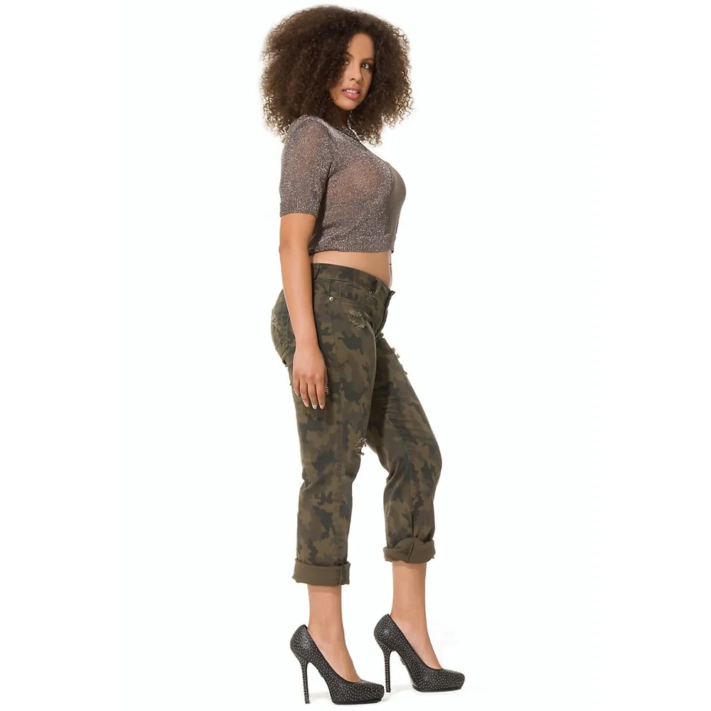 Poetic Justice Curvy Fit Camo Printed Stretch Twill Destroyed Low Rise  Skinny Jeans
