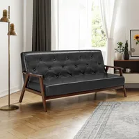3-seater Sofa Pu Leather Sofa Couch W/ Rubber Wood Legs & Button Tufted Back