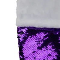 23" Purple And Silver Reversible Sequined Christmas Stocking With Faux Fur Cuff