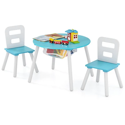 Kids Wooden Round Table & 2 Chair Set W/ Center Mesh Storage Whitebluedark Bluepinkpurple